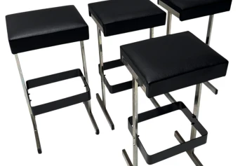 Four Mid-Century Modern Bar Stools with Black Leather Seats, 1970s